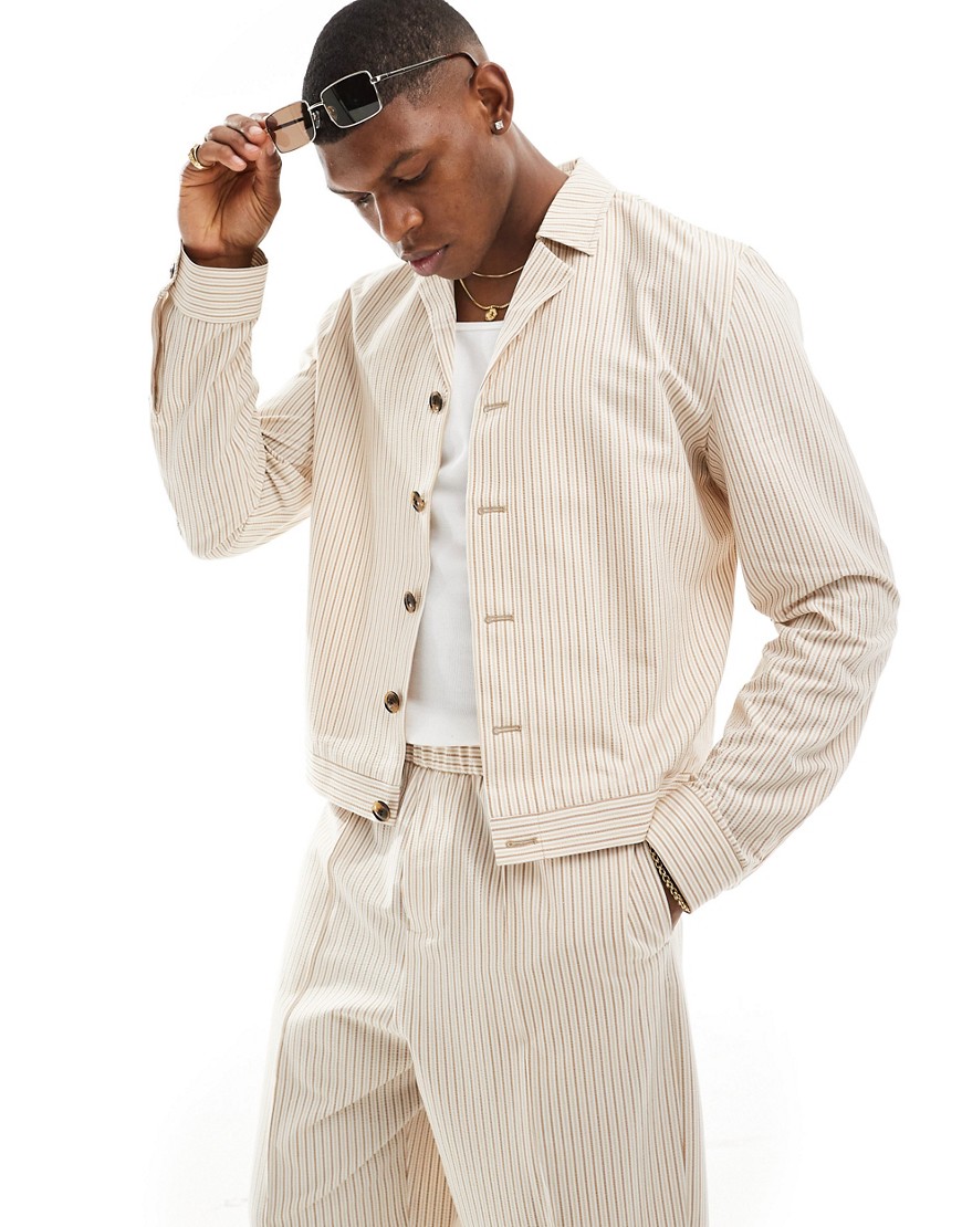 Asos Design Smart Relaxed Shirt Jacket In Linen Stripe - Part Of A Set-neutral