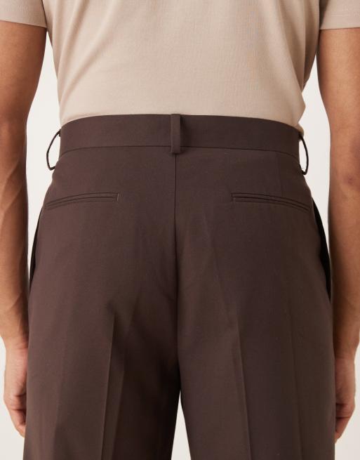 ASOS DESIGN smart relaxed tapered chino trousers with front pleats in dark brown, 5 of 5