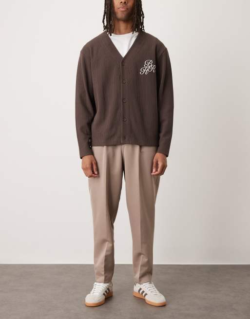 ASOS DESIGN smart relaxed tapered fit pant with front pleats in dark stone