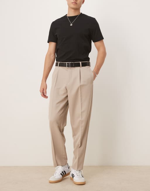 ASOS DESIGN smart relaxed tapered fit trousers with front pleat in stone