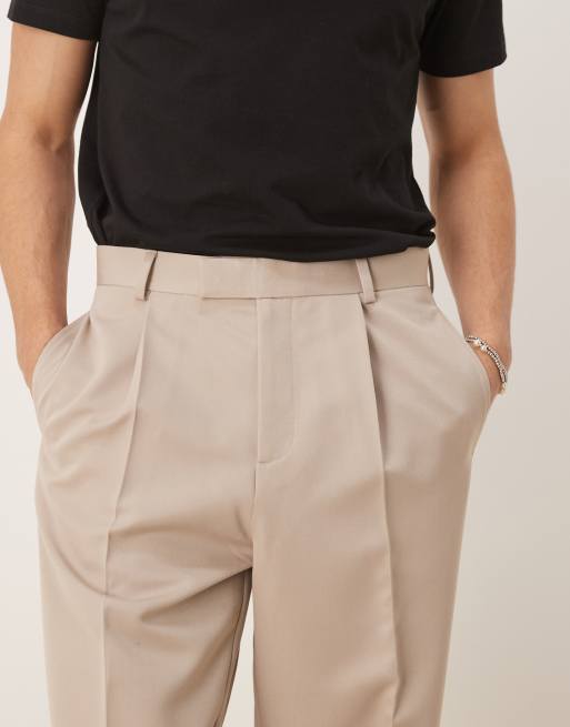 ASOS DESIGN smart relaxed tapered fit trousers with front pleat in stone