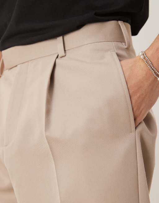 ASOS DESIGN smart relaxed tapered fit trousers with front pleat in stone