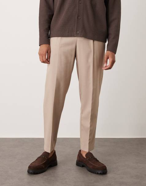 ASOS DESIGN smart relaxed tapered flannel pants in stone with front pleat - view 1