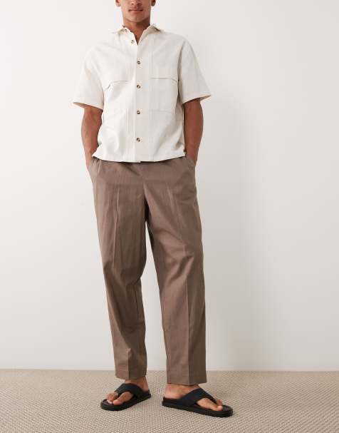 ASOS DESIGN smart relaxed tapered linen look trousers in brown - view 1