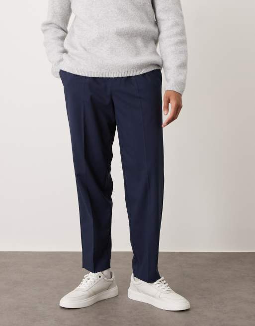 ASOS DESIGN smart relaxed tapered pants in navy with front pleat