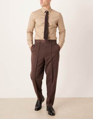 Asos Design Smart Relaxed Tapered Pants With Pintuck In Brown