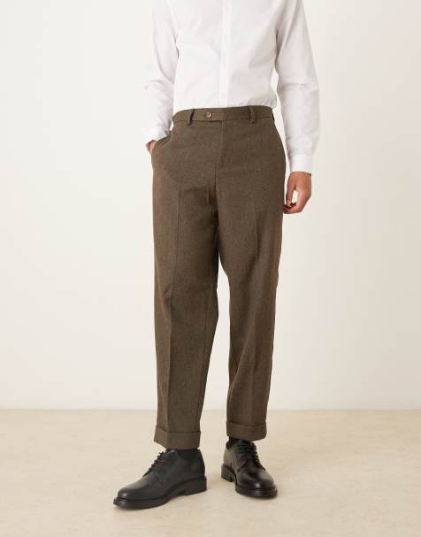 ASOS DESIGN smart relaxed tapered trouser with exposed button and turn ups in brown wool