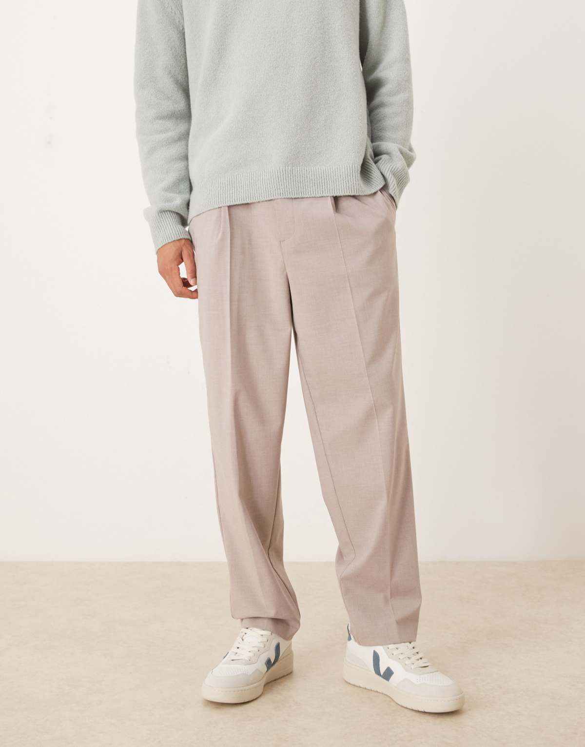 ASOS DESIGN smart relaxed tapered trousers in beige with elasticated waist