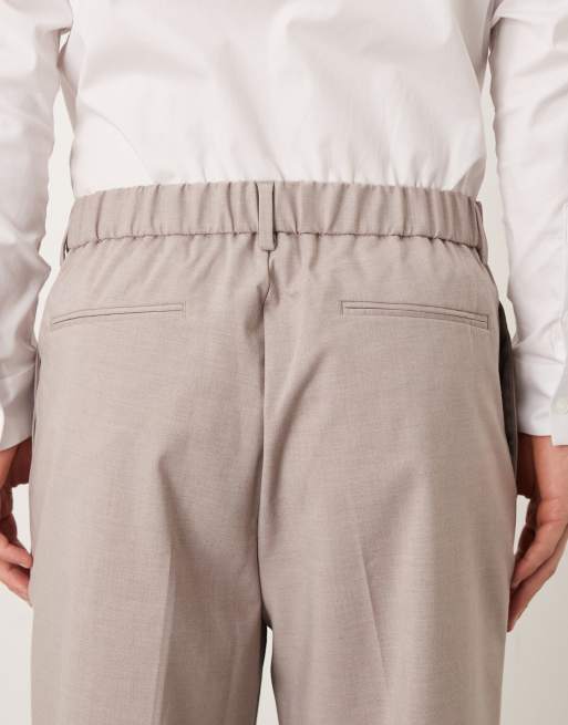 ASOS DESIGN smart relaxed tapered trousers in beige with elasticated waist, 5 of 5