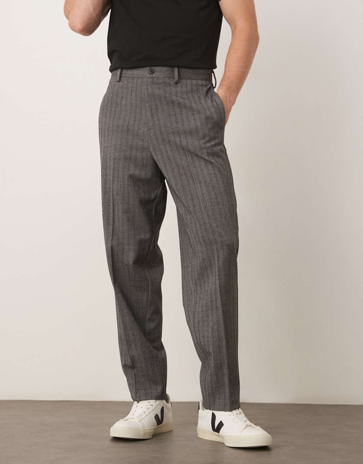 ASOS DESIGN smart relaxed tapered trousers in black herringbone