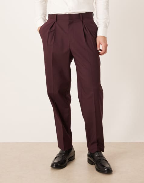ASOS DESIGN smart pleated relaxed tapered trousers in burgundy