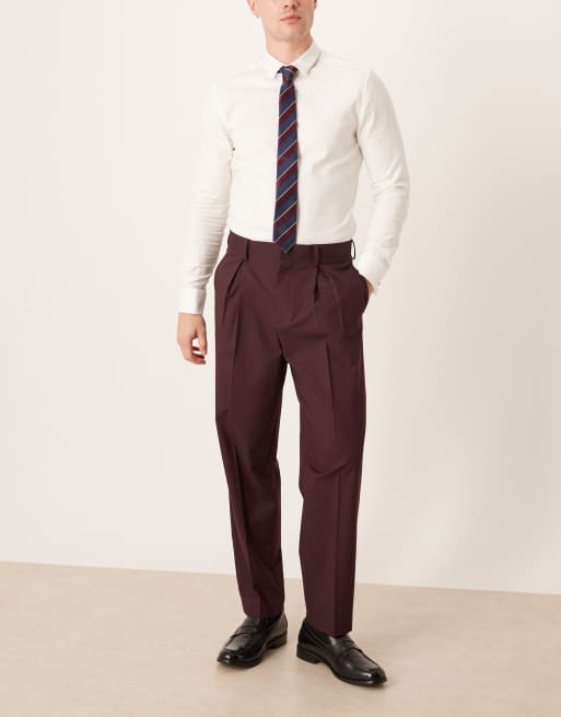 ASOS DESIGN smart relaxed tapered trousers in burgundy with front pleat