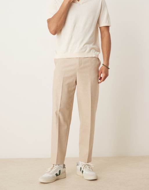 ASOS DESIGN smart relaxed tapered trousers with front pleats in stone brushed fabric 