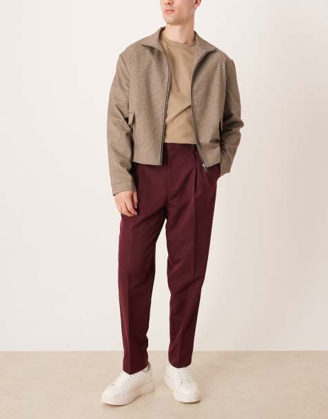 ASOS DESIGN smart relaxed tapered trousers with pleat in burgundy - view 1
