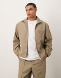 [ASOS DESIGN] ASOS DESIGN smart relaxed track jacket in olive herringbone (part of a set)-Green L Olive