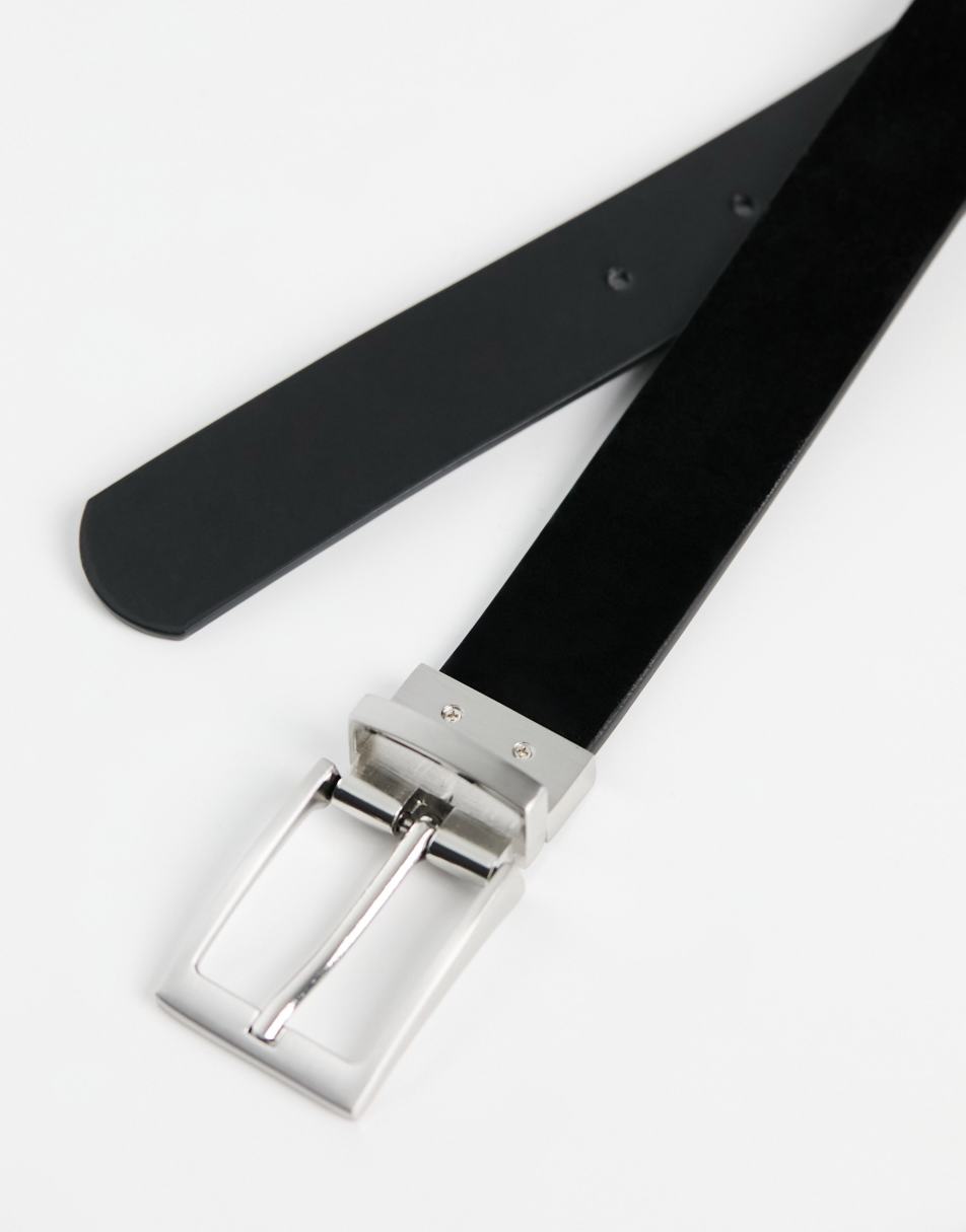 ASOS DESIGN smart faux leather skinny belt with silver buckle in black