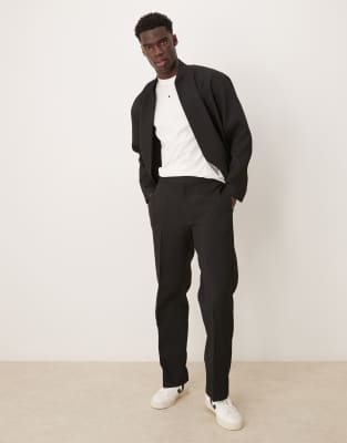 smart ribbed straight leg pants in black with elasticated waist - part of a set