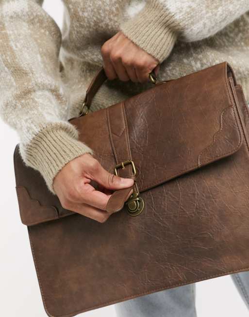ASOS DESIGN smart satchel in vintage tan faux leather