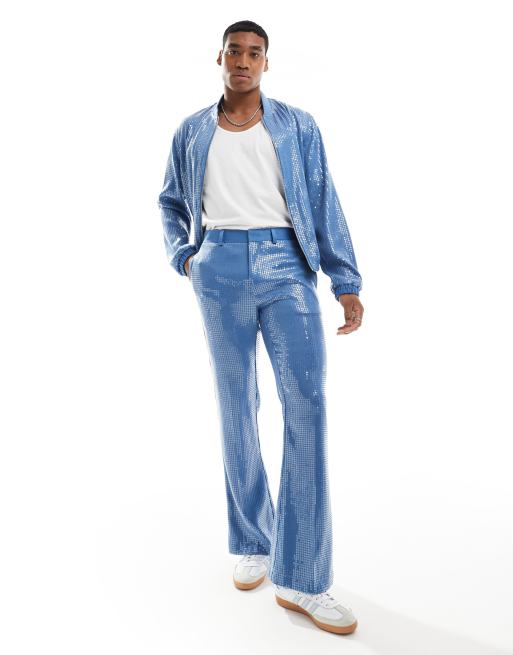 ASOS DESIGN smart sequin flare pants in blue (part of a set)