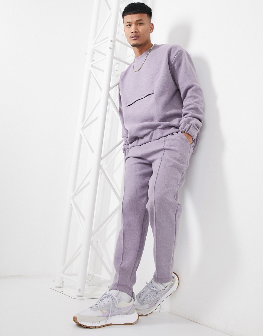 ASOS DESIGN smart set tapered sweatpants with fixed hem & pin tucks in boiled wool look texture-Purple