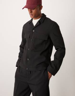 Asos Design Smart Shirt Jacket In Black Rib - Part Of A Set