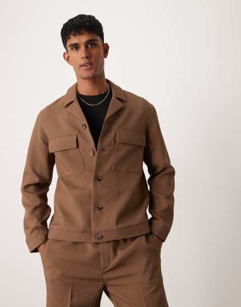 ASOS DESIGN smart shirt jacket in brown rib - part of a set - view 1