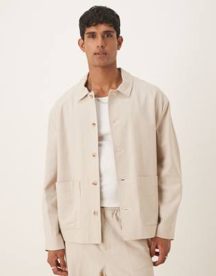 smart shirt jacket in ecru with linen - part of a set-Neutral