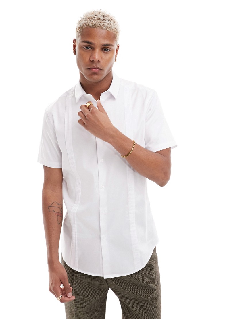 Asos Design Smart Short Sleeve Slim Shirt With Pleating In White