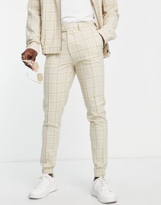 ASOS DESIGN co-ord smart skinny crepe check trousers with jogger cuff in ecru - ASOS Price Checker