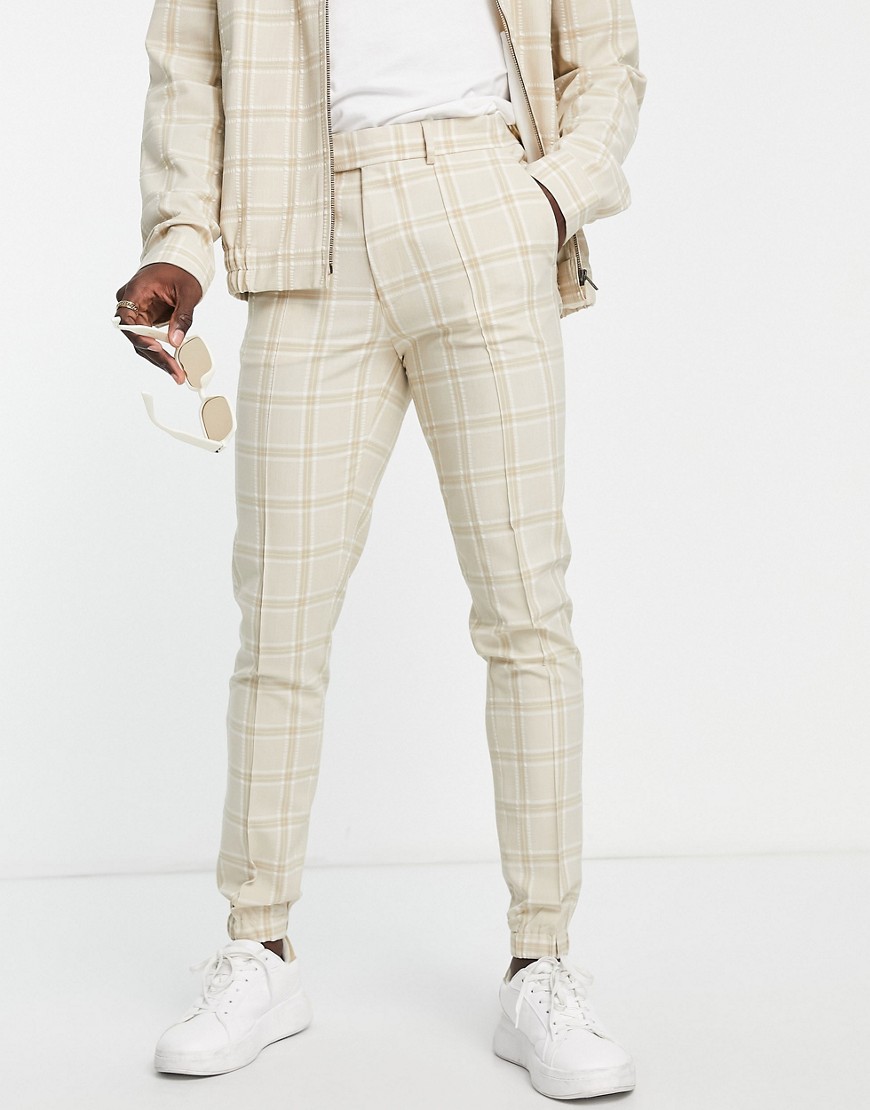 ASOS DESIGN smart skinny crepe check pants with sweatpants cuff in ecru - part of a set-Neutral