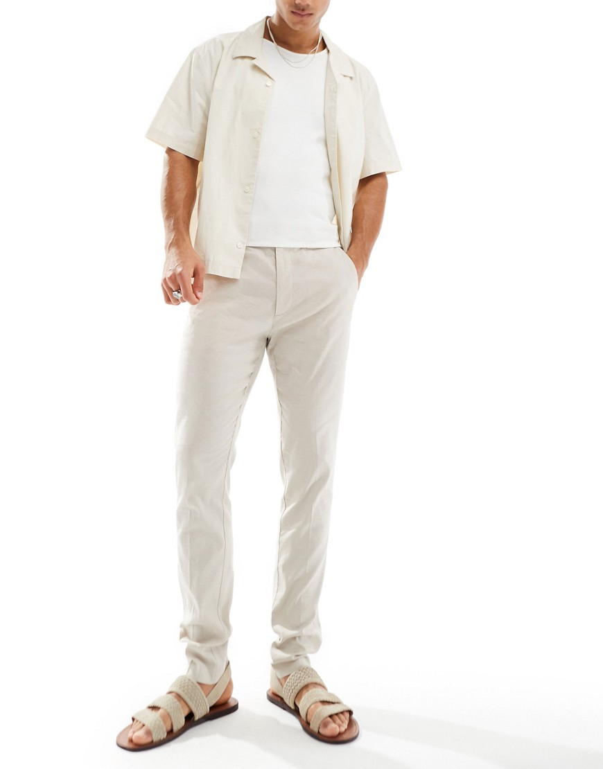 ASOS DESIGN smart skinny fit linen blend trousers in stone-Neutral