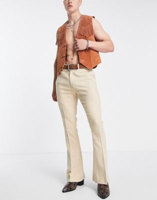 ASOS DESIGN smart skinny flared trousers in stone wide wool mix herringbone