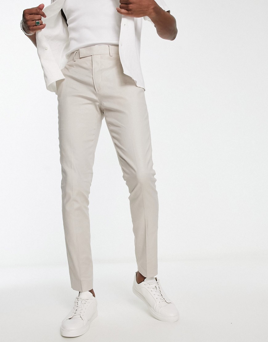 Asos Design Smart Skinny Linen Mix Pants In Stone-neutral
