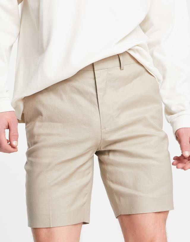 ASOS DESIGN smart skinny linen mix shorts in stone