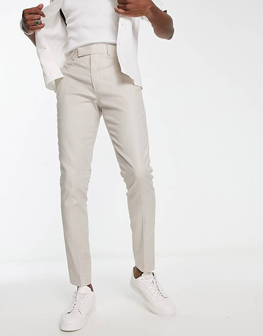 ASOS DESIGN smart skinny linen mix trousers in stone | ASOS