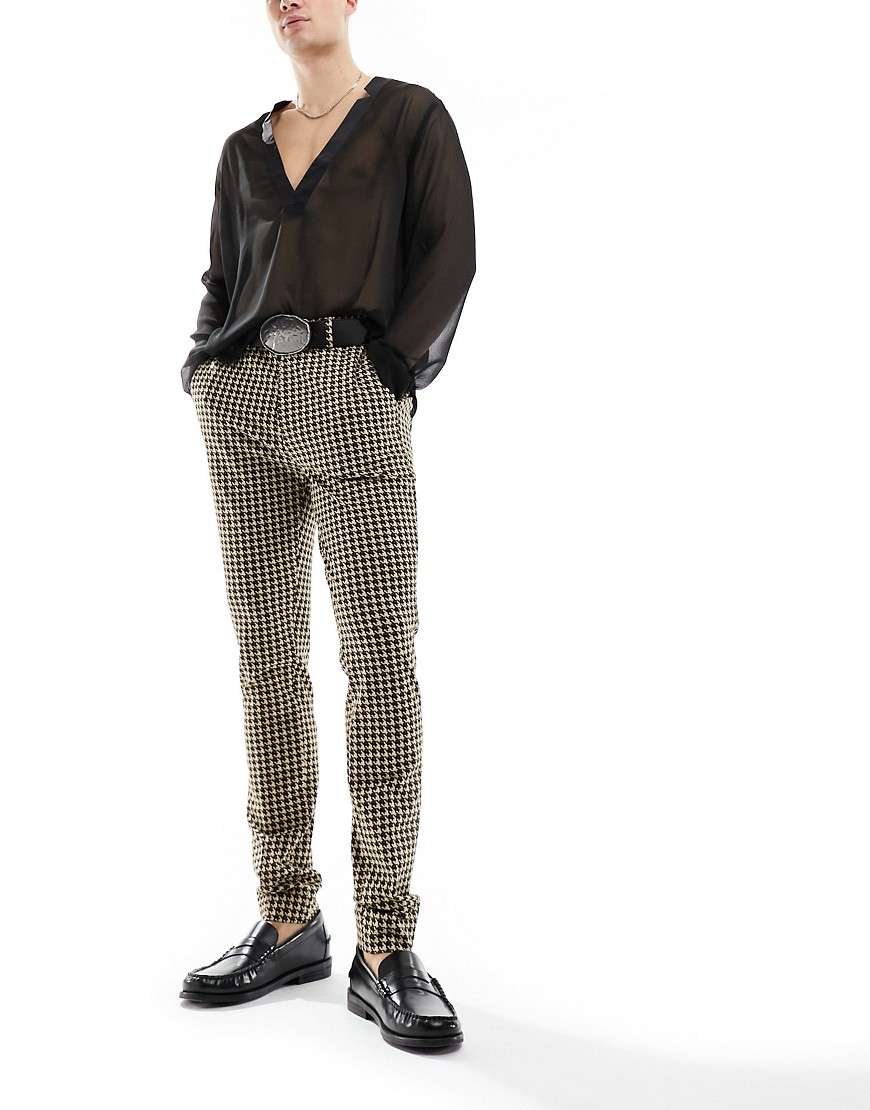 smart skinny pants in brown houndstooth jacquard pattern