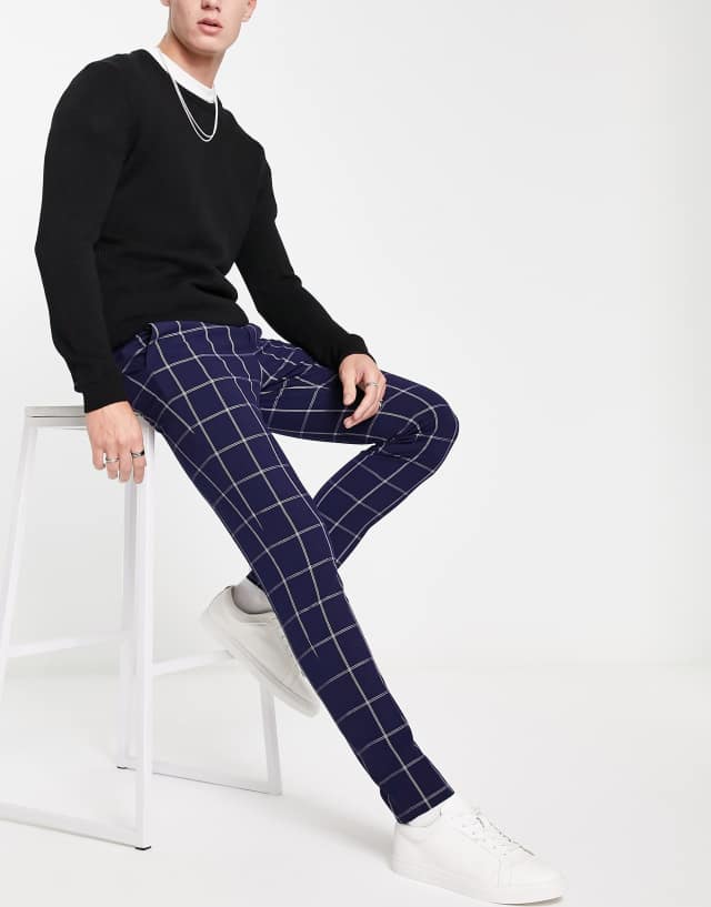 ASOS DESIGN smart skinny pants in navy window plaid