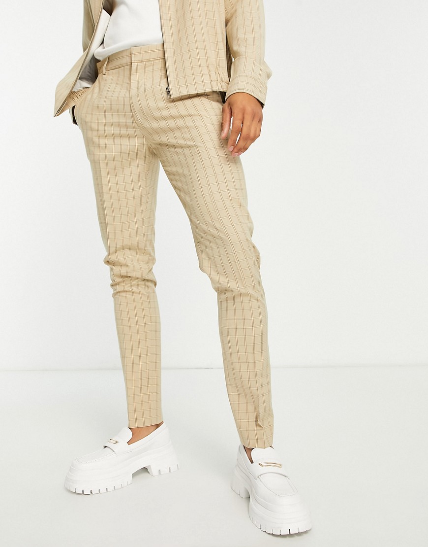 Asos Design Smart Skinny Pants In Stone Grid Check - Part Of A Set-neutral