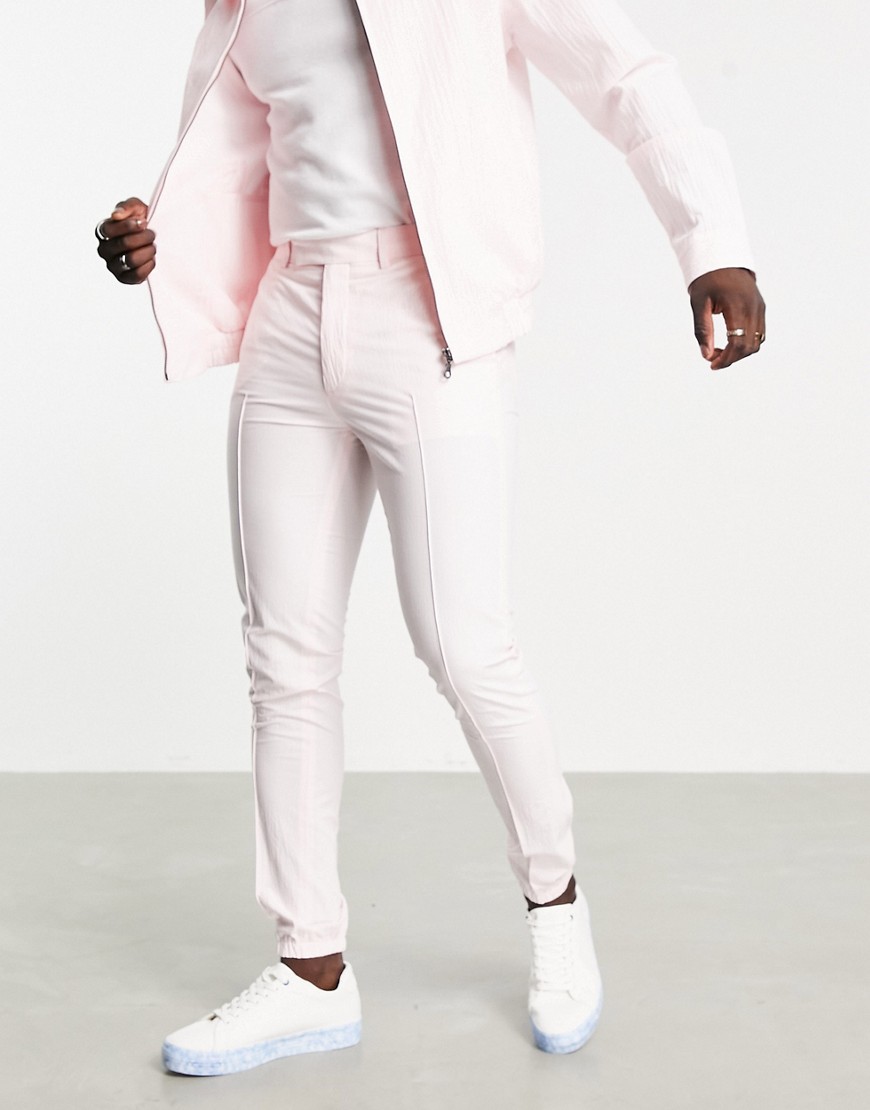 Asos Design Smart Skinny Pants With Sweatpants Cuff In Pink Seersucker