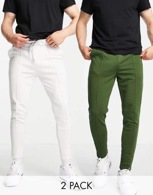 ASOS DESIGN smart skinny trackies with pin tuck front – 2 pack in green/white marl - MULTI