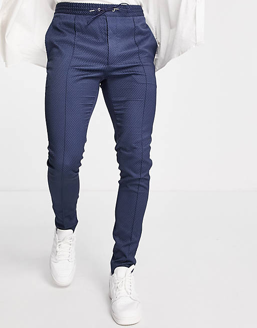 ASOS DESIGN smart skinny trouser with drawcord waist in navy texture
