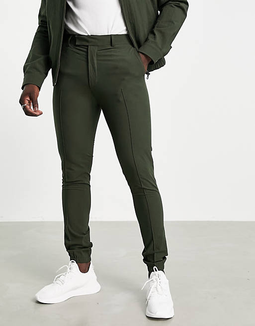 ASOS DESIGN smart skinny trousers with jogger cuff in green seersucker