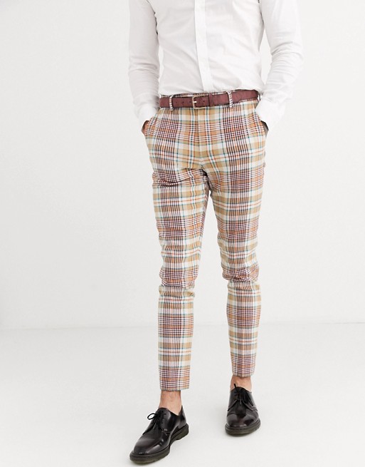 ASOS DESIGN smart skinny wool mix trousers in brown check
