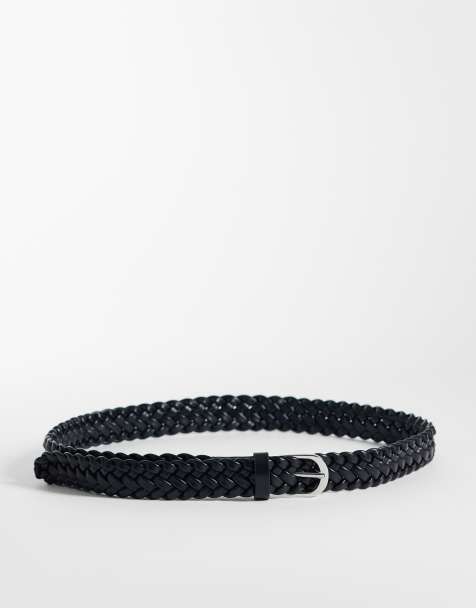 ASOS DESIGN smart slim faux leather woven belt with rounded silver buckle in black - view 1