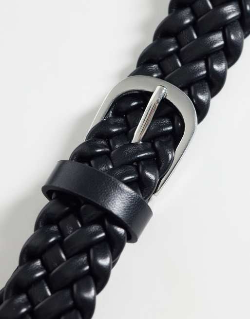 ASOS DESIGN smart slim faux leather woven belt with rounded silver buckle in black, 3 of 3