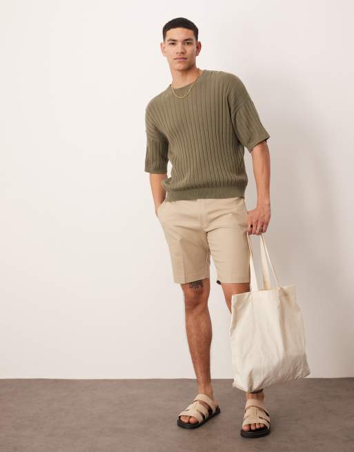 ASOS DESIGN smart slim fit chino shorts with mitred tab in beige, 2 of 4