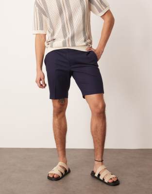 ASOS DESIGN smart slim fit chino shorts with mitred tab in navy