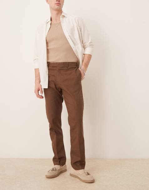 ASOS DESIGN smart slim fit linen blend pants in brown - view 1