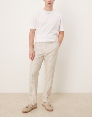 ASOS DESIGN smart slim fit linen blend trousers in cream pinstripes - view 1