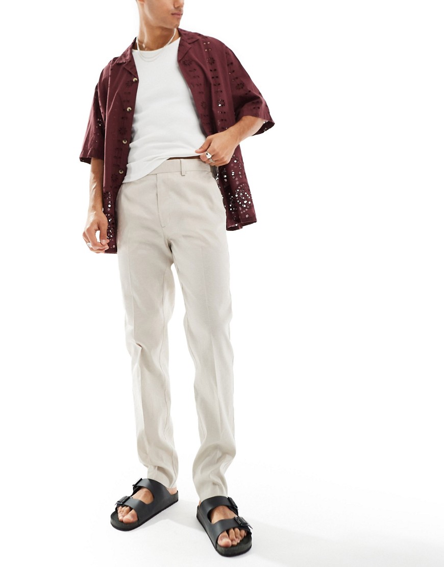 ASOS DESIGN smart slim fit linen blend trousers in stone-Neutral